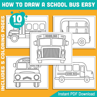 School Bus Art Activity for Kids: 5-Step Drawing Guide + Coloring Pages, Perfect for Creative Classroom Fun or Homeschool Projects, PDF Download