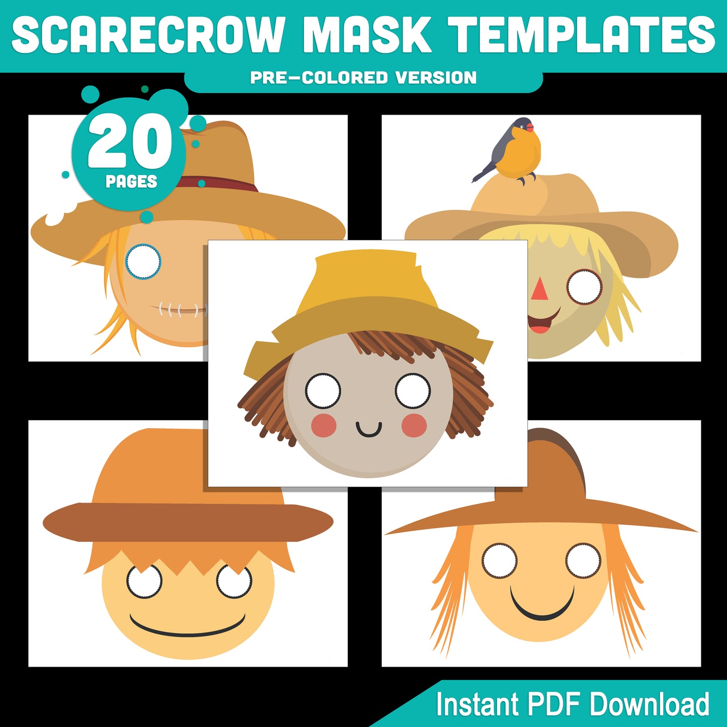 Scarecrow Mask Templates for Kids: 10 Printable Designs, 20 Pages, Pre-Colored + Black and White, Great for Classroom or Home Crafts, PDF Download