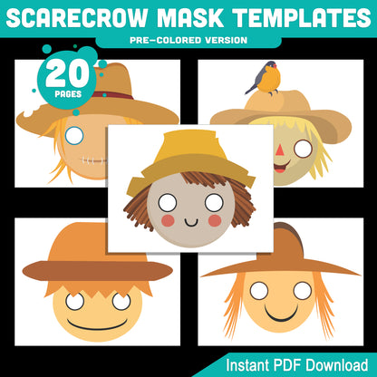 Scarecrow Mask Templates for Kids: 10 Printable Designs, 20 Pages, Pre-Colored + Black and White, Great for Classroom or Home Crafts, PDF Download