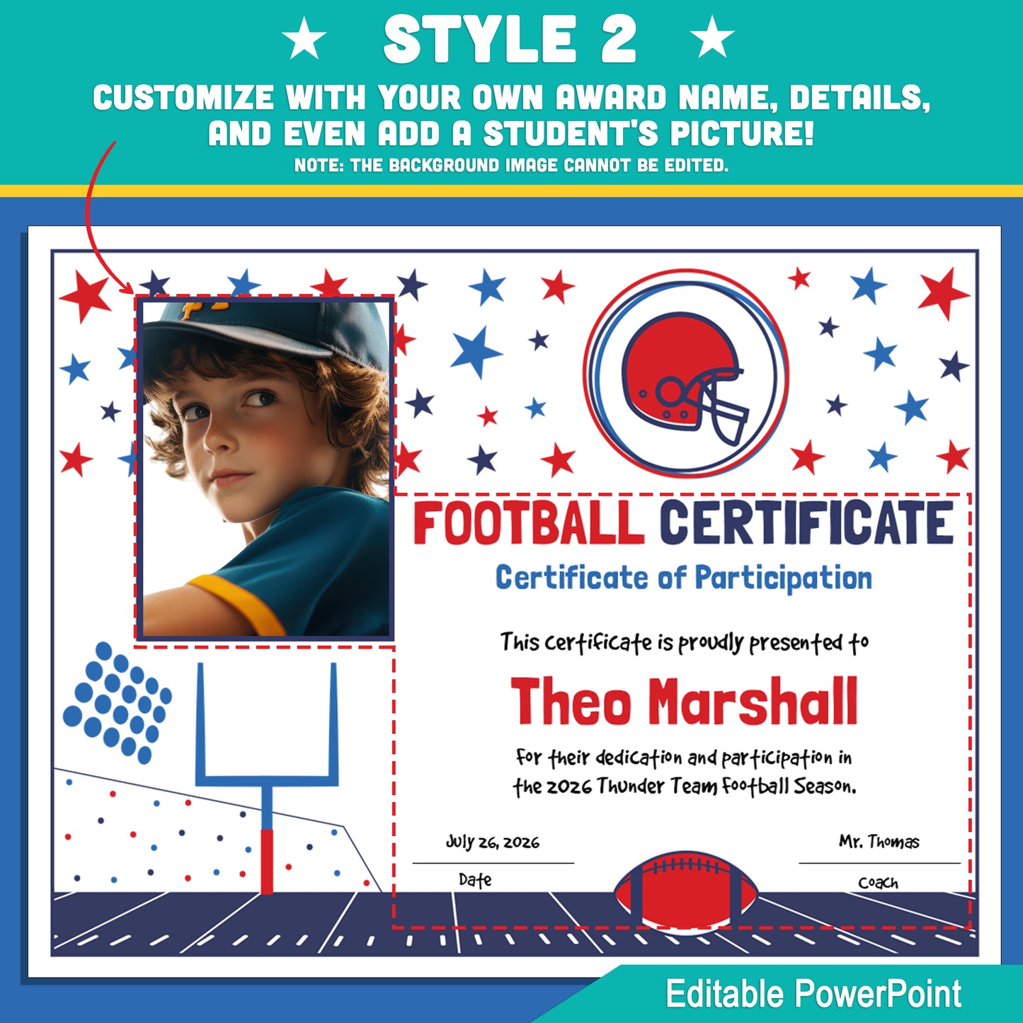 Editable Football Certificates | 4 Styles with Photo Options | Youth Team Awards, Player Recognition - 8.5x11 PowerPoint Instant Download