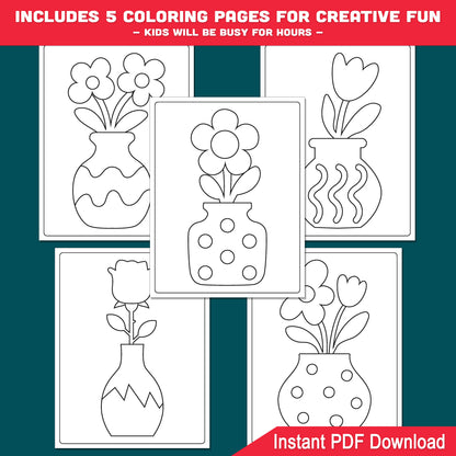 How to Draw a Vase with Flowers Step-by-Step Drawing Guide, Directed Activity Sheets, 6 Easy Steps 5 Pages + 5 Coloring Sheets Printable