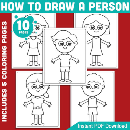 Learn How to Draw a Person for Kids: 5-Step Directed Drawing Tutorial, Includes 5 Fun Coloring Pages – Easy PDF, Instant Download