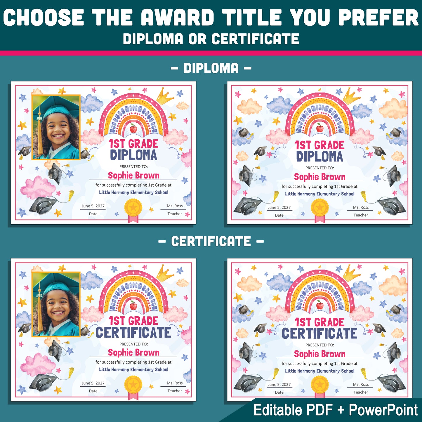 1st Grade Completion Certificate, First Grade End of School Year Awards, Editable Rainbow Stars, Photo and No Photo Versions, PDF and PowerPoint