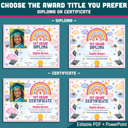 1st Grade Completion Certificate, First Grade End of School Year Awards, Editable Rainbow Stars, Photo and No Photo Versions, PDF and PowerPoint