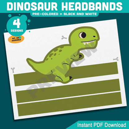 Printable Dinosaur Headbands, Paper Crowns, Color Your Own Hats, Dinosaur Craft Activity, Pre-Colored, Black & White, US Letter, A4