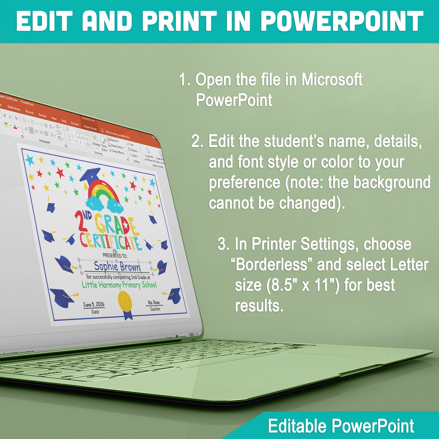 Second Grade Certificate Template: Editable Letter Size PDF & PowerPoint for Graduation, Milestone Achievements, and Special Award Ceremonies