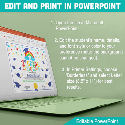 Second Grade Certificate Template: Editable Letter Size PDF & PowerPoint for Graduation, Milestone Achievements, and Special Award Ceremonies