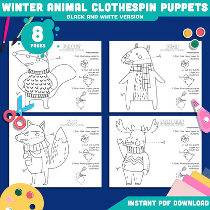 Printable Winter Animal Clothespin Puppets – Winter Classroom Craft for Preschool & Kindergarten, Early Finisher Coloring Activity, 5 Designs, PDF Instant Download