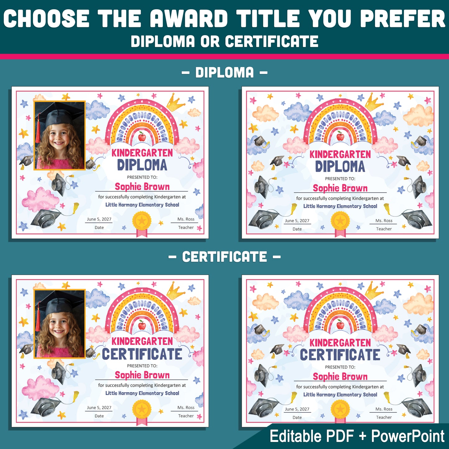 Kindergarten Completion Certificate, Editable Watercolor Awards for Moving Up Ceremony, Photo and No Photo Styles, PDF and PowerPoint Templates