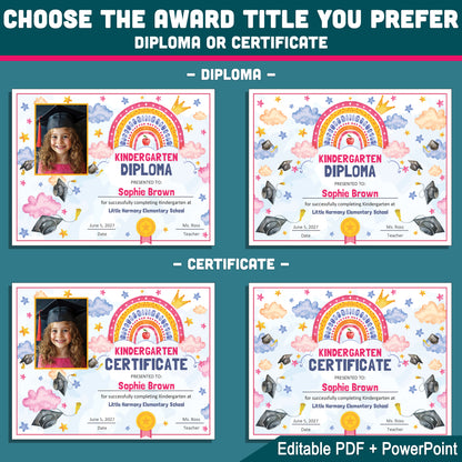 Kindergarten Completion Certificate, Editable Watercolor Awards for Moving Up Ceremony, Photo and No Photo Styles, PDF and PowerPoint Templates