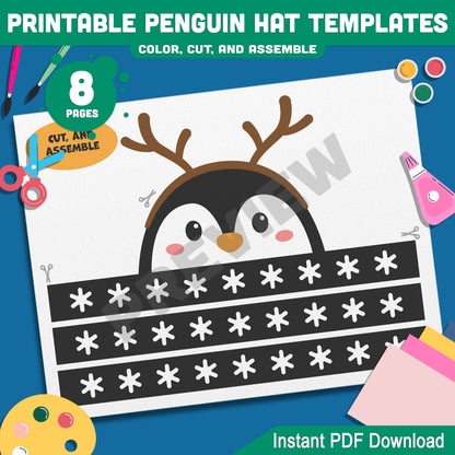 Printable Penguin Crown Craft Templates: 4 Winter-Themed Designs for Kids to Color, Cut, and Assemble, Includes Black & White, Instant Download.