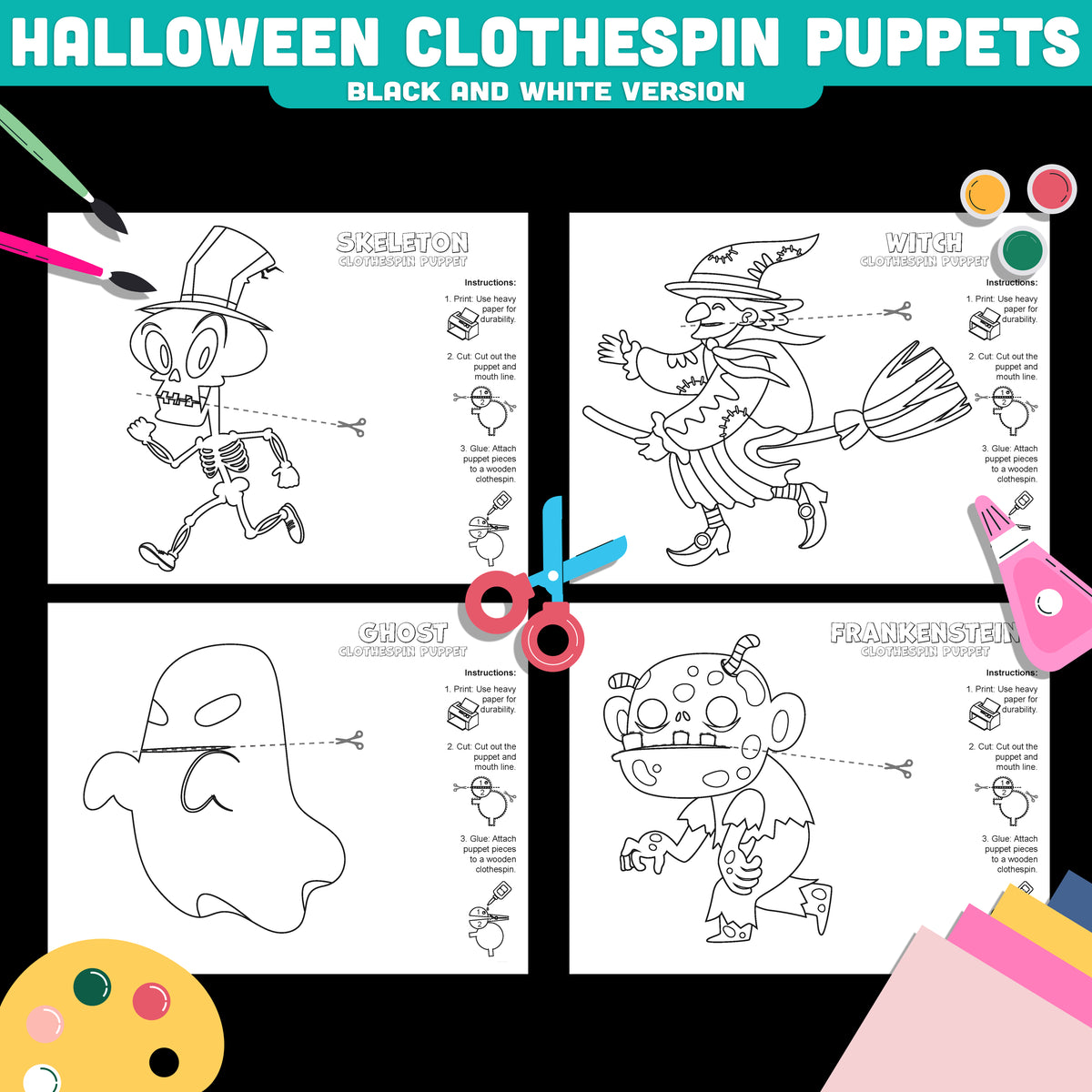 Halloween Puppet Craft for Kids, Clothespin Characters, Skeleton Ghost Witch Frankenstein