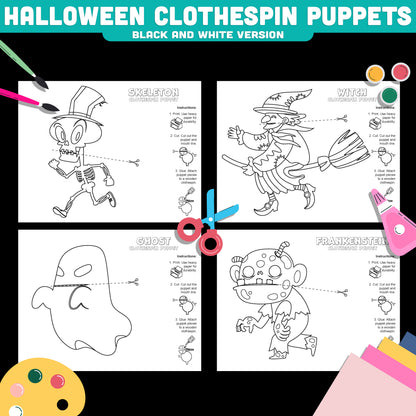 Halloween Puppet Craft for Kids, Clothespin Characters, Skeleton Ghost Witch Frankenstein
