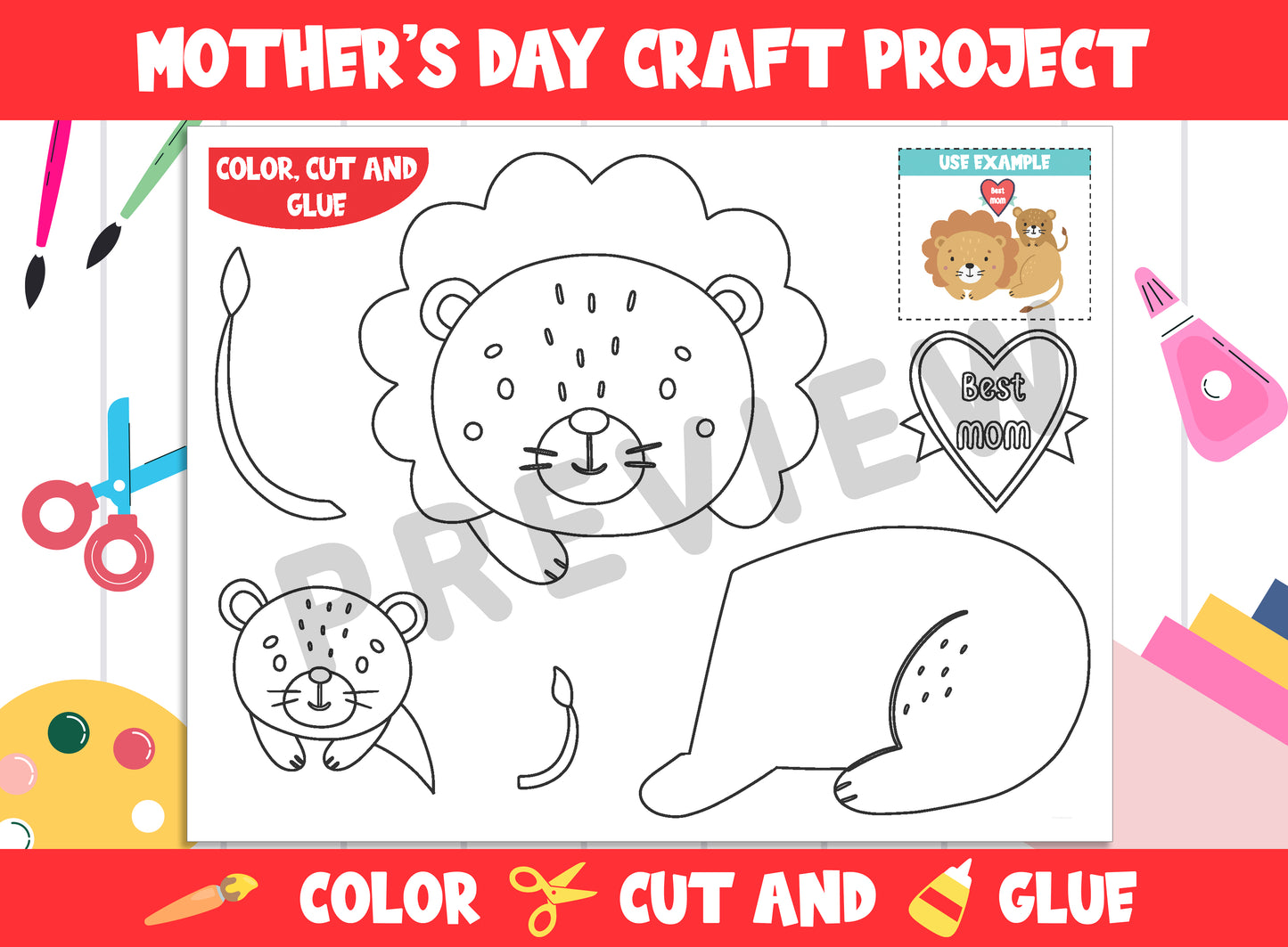 Mother's Day Craft Project - Color, Cut, and Glue for PreK to 2nd Grade, PDF File, Instant Download