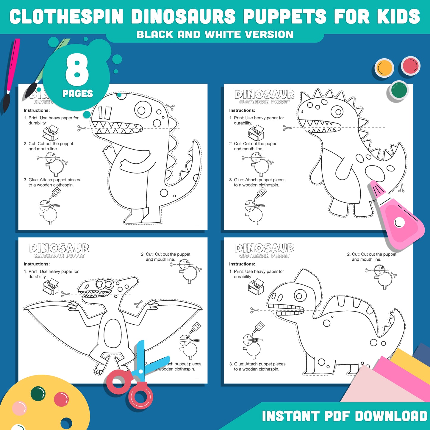 Kids’ Dinosaur Clothespin Puppet Craft, 8 Pages with 4 Exciting Designs, Pre-Colored & Black and White, Great for Dramatic Play, PDF Instant Download