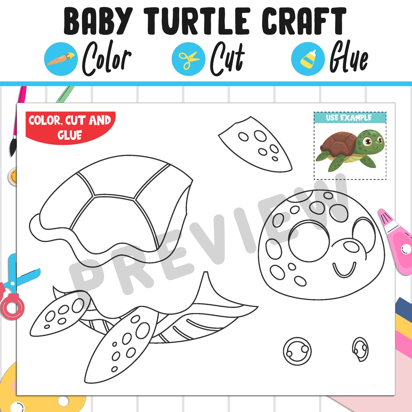 Baby Turtle Craft : Color, Cut, and Glue, a Fun Activity for Pre K to 2nd Grade, PDF Instant Download