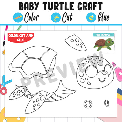 Baby Turtle Craft : Color, Cut, and Glue, a Fun Activity for Pre K to 2nd Grade, PDF Instant Download