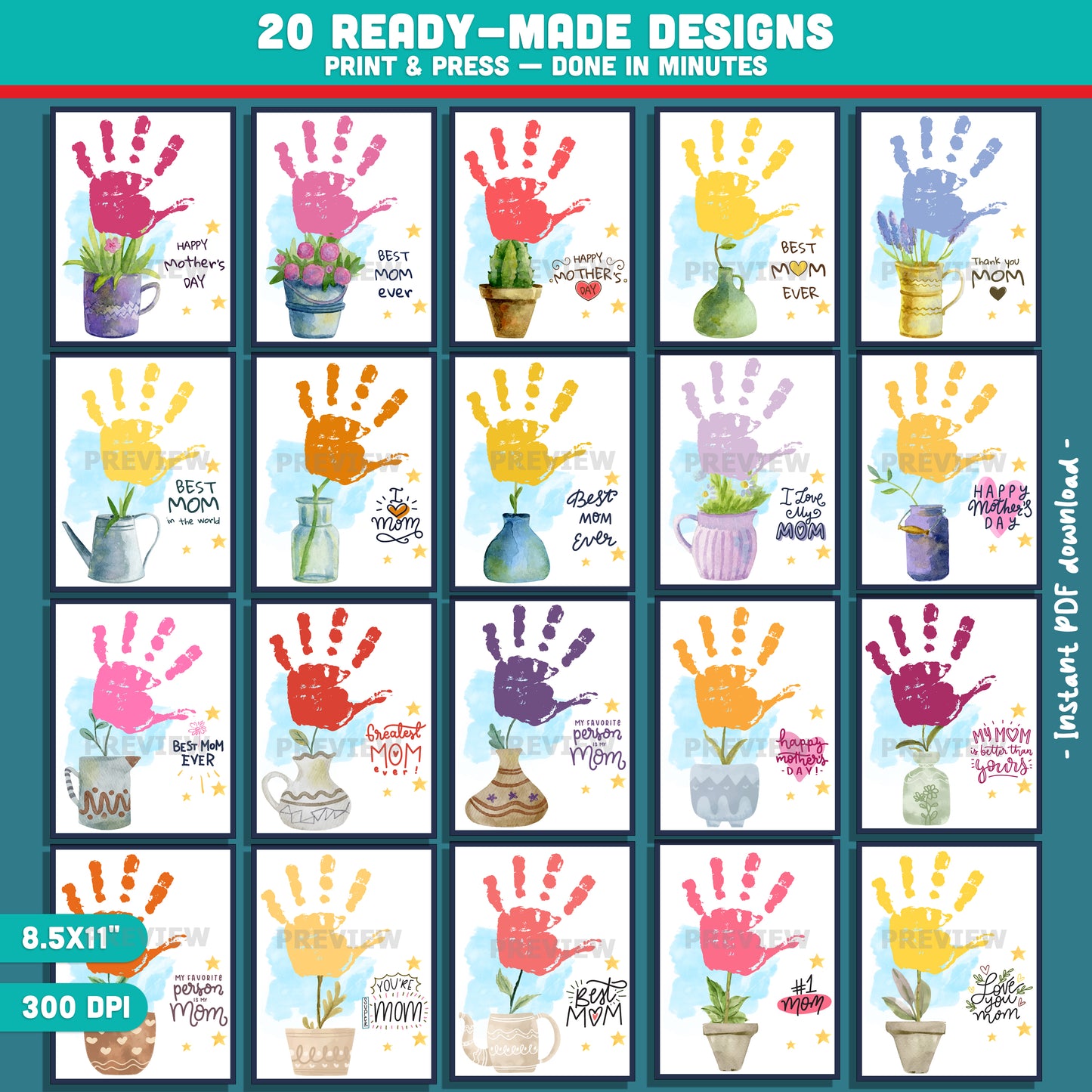 Mother's Day Handprint Flower Craft – Mother’s Day Handprint Craft for Kids, Bloom Handprint Art with Flower Pot and Vase, Keepsake Gift from Kids for Mom Grandma