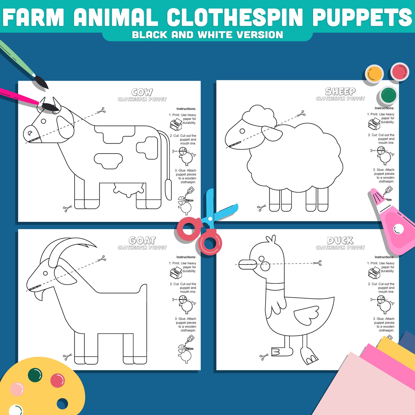 Farm Animal Clothespin Puppets, Funny Barnyard Friends Craft, Cow Sheep Goat Duck Activity, Printable PDF Download