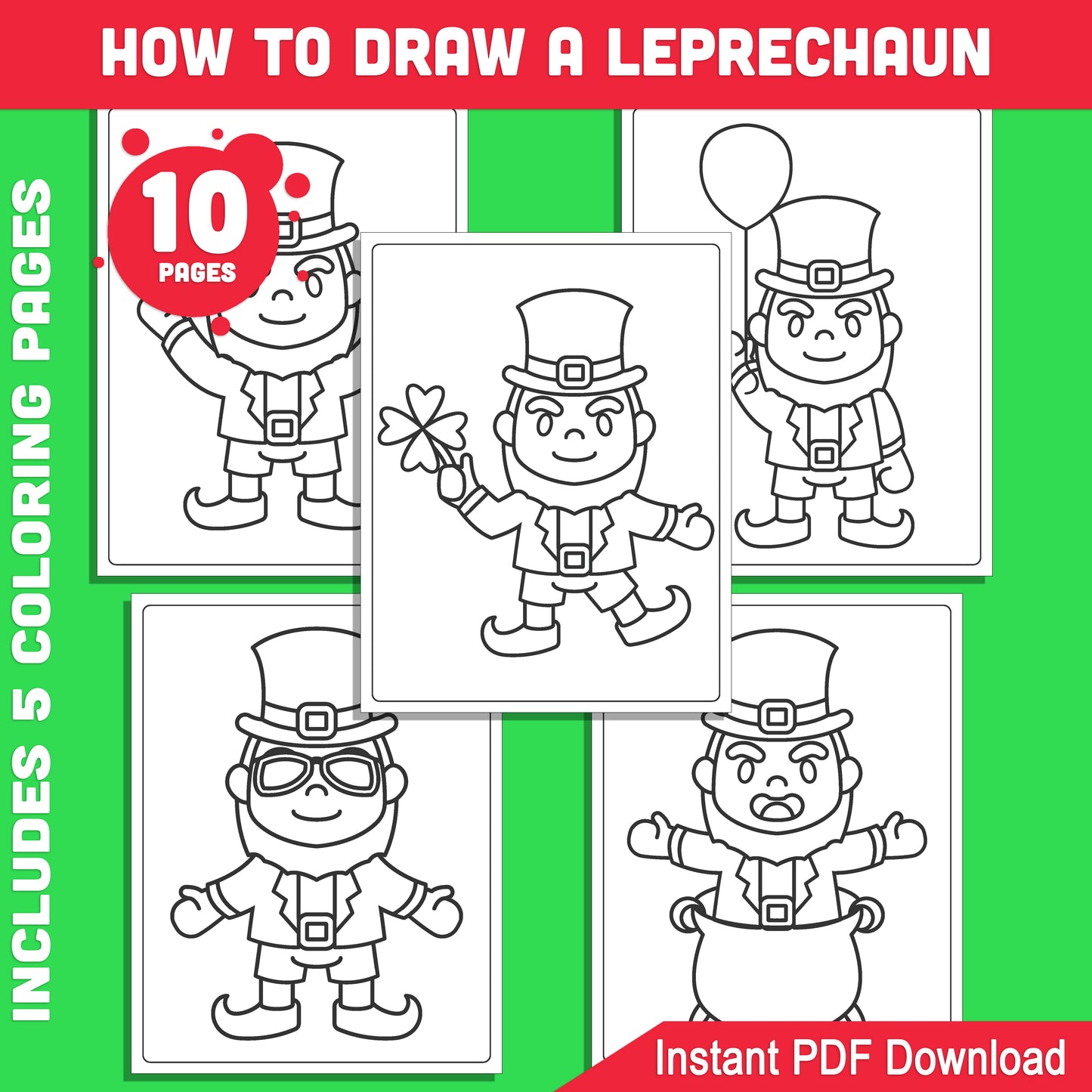 Step-by-Step Leprechaun Drawing: 5 Pages with 5 Coloring Activities for Creative Kids, Perfect for St. Patrick’s Day Art in Classrooms or at Home.