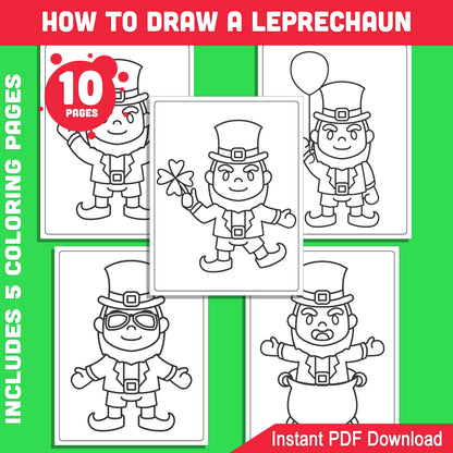 Step-by-Step Leprechaun Drawing: 5 Pages with 5 Coloring Activities for Creative Kids, Perfect for St. Patrick’s Day Art in Classrooms or at Home.