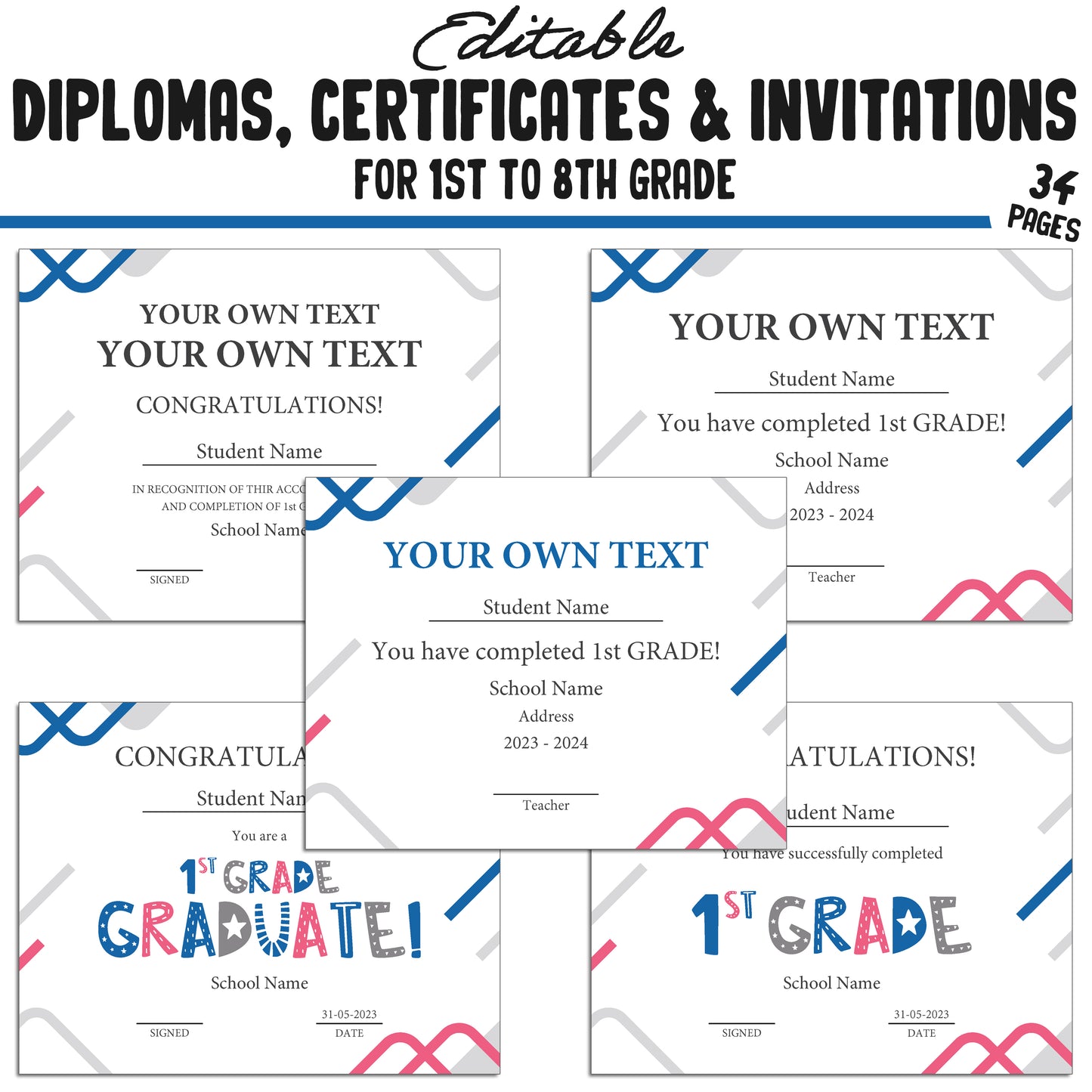 Graduation Diploma for First Graders, 1st-8th Grade Certificates, and Invitation Templates in a Modern Blue Theme, PDF Instant Download.