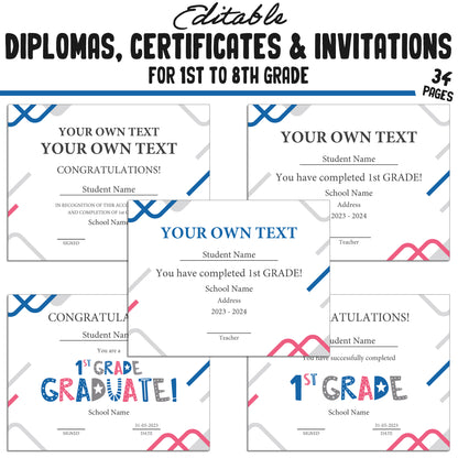 Graduation Diploma for First Graders, 1st-8th Grade Certificates, and Invitation Templates in a Modern Blue Theme, PDF Instant Download.