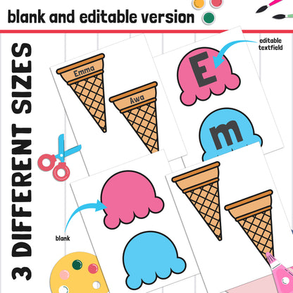 Summer Ice Cream Name Craft Activity: Back to School Bulletin Board, 59 Pages, 3 Sizes, Blank & Editable, Color and Black-and-White Versions