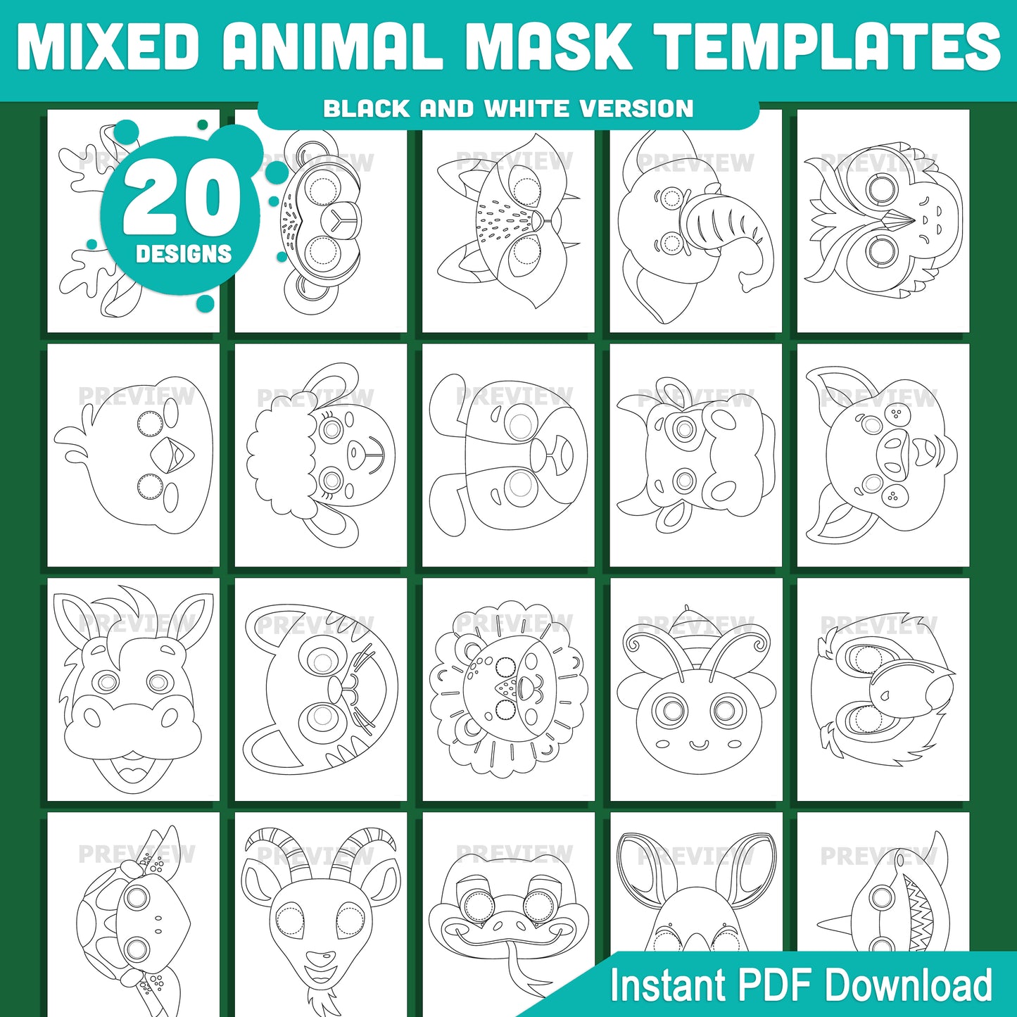 Mixed Animal Mask Templates, Printable Animal Masks for Classroom Crafts, Pre-Colored and Black and White Paper Masks