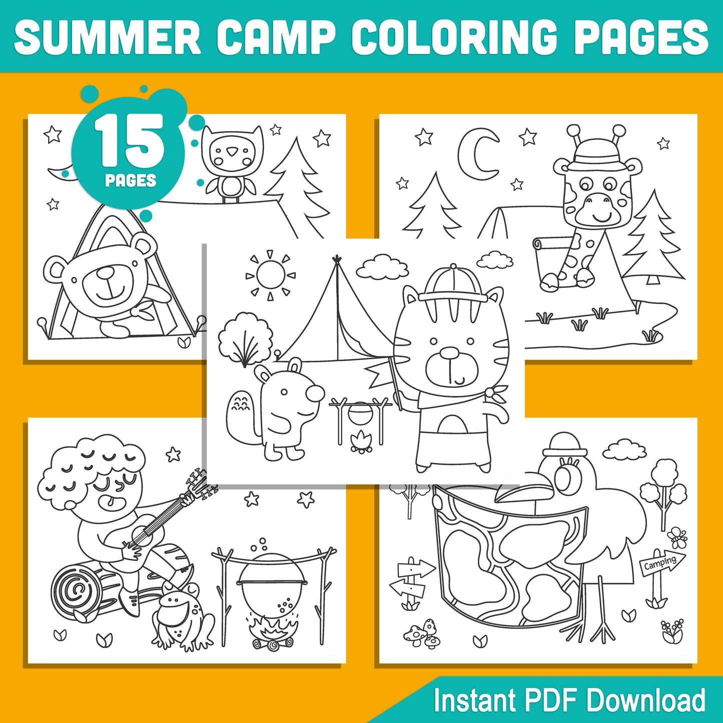 15 Exciting Summer Camp Coloring Pages for Kids – Camping-Themed Fun for Preschool & Kindergarten – Instant PDF Download