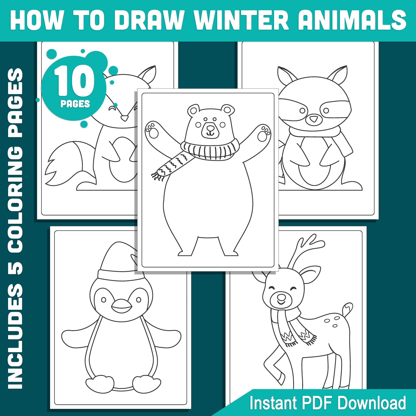 Learn to Draw Winter Animals for Kids: Step-by-Step Drawing Tutorial with 5 Coloring Pages Featuring Polar Bear, Penguin, Reindeer, Arctic Fox, Raccoon, PDF Download