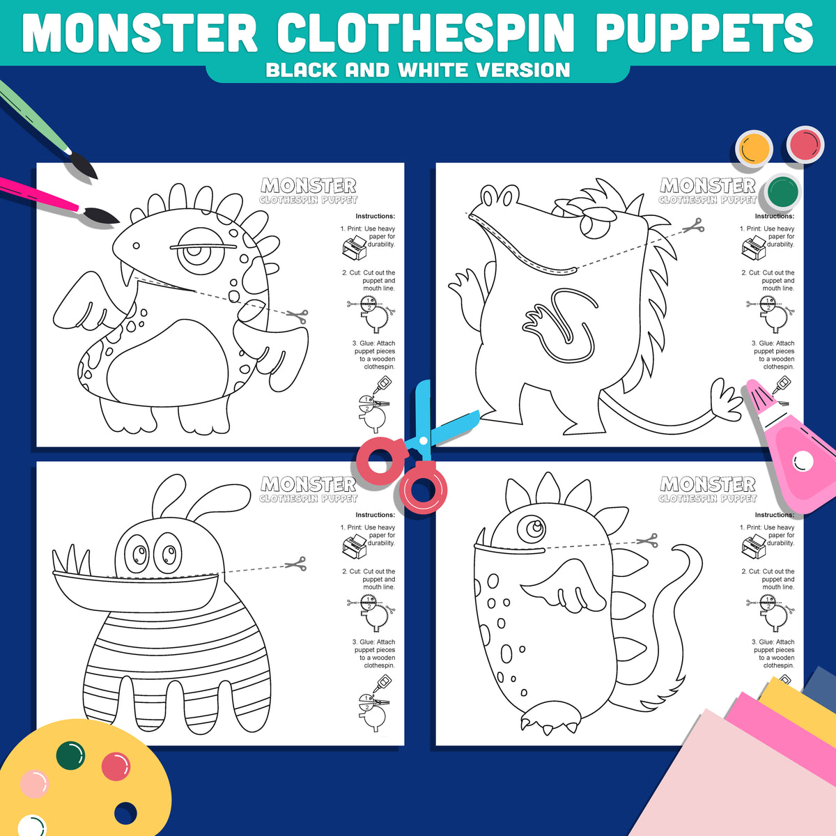 Halloween Monster Clothespin Puppets, Printable Craft for Kids
