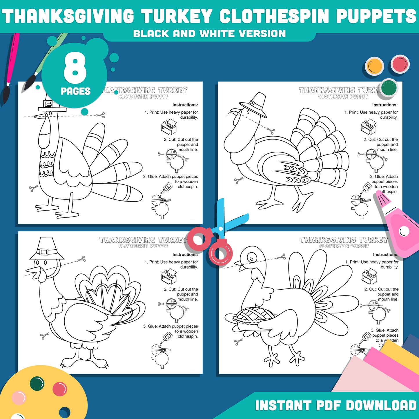 Printable Thanksgiving Turkey Clothespin Puppets – Cute Fall Craft for Preschool & Kindergarten, Perfect for Dramatic Play, 4 Designs, Instant Download