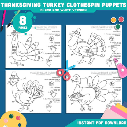 Printable Thanksgiving Turkey Clothespin Puppets – Cute Fall Craft for Preschool & Kindergarten, Perfect for Dramatic Play, 4 Designs, Instant Download