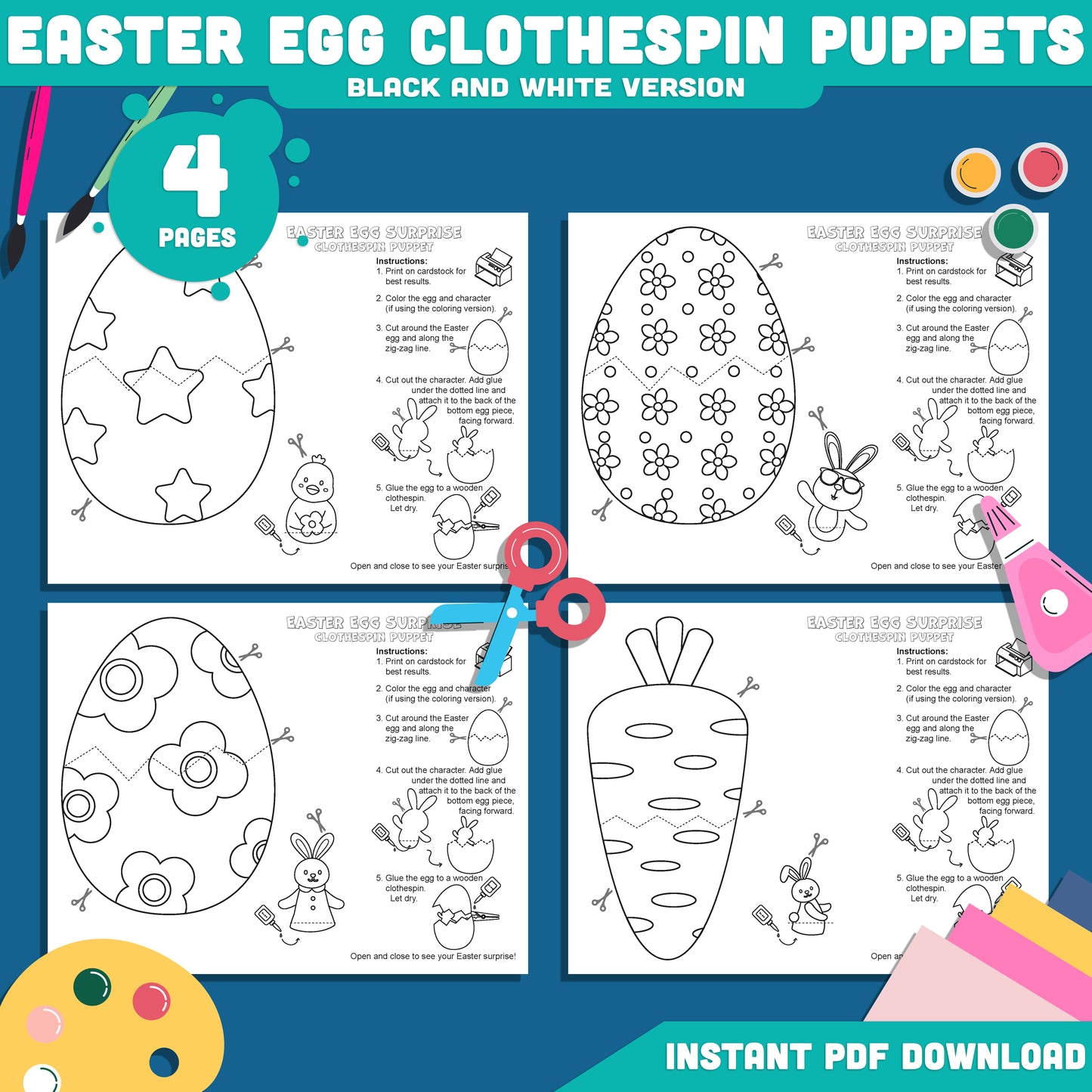 Easter Egg Clothespin Puppets Printable Craft, Spring Puppet Activity Templates, Easter Egg Surprise Color Cut Glue Craft, 4 Designs, Classroom or Home Use