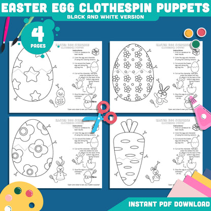 Easter Egg Clothespin Puppets Printable Craft, Spring Puppet Activity Templates, Easter Egg Surprise Color Cut Glue Craft, 4 Designs, Classroom or Home Use