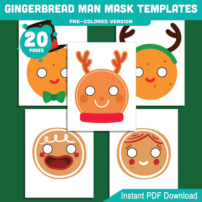 Printable Gingerbread Man Mask Templates: Holiday Craft for Kids, 10 Designs, Pre-Colored + Black and White, Perfect for School Plays, Parties, or Home Fun, PDF