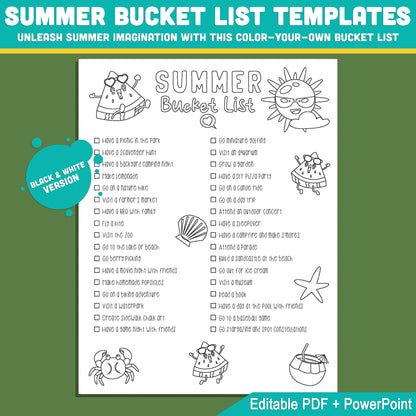 Student Summer Bucket List Template: Fun End-of-Year Classroom Activity, Editable PDF & PowerPoint, Black & White & Color Pages