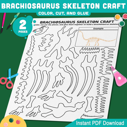 Brachiosaurus Skeleton Craft, Dinosaur Cut and Paste Activity, Printable Pre-Colored & Black and White, US Letter, A4 PDF
