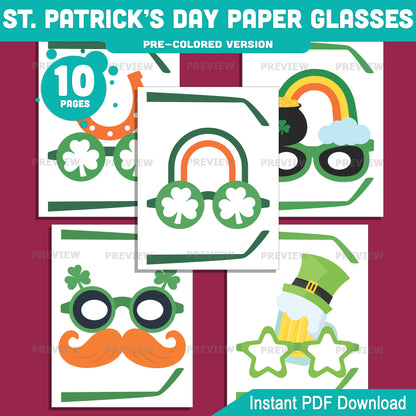 St. Patrick’s Day Glasses Craft Activity for Kids, Shamrock Paper Glasses Printable, 10 Fun Designs, Pre-Colored and Black & White Download