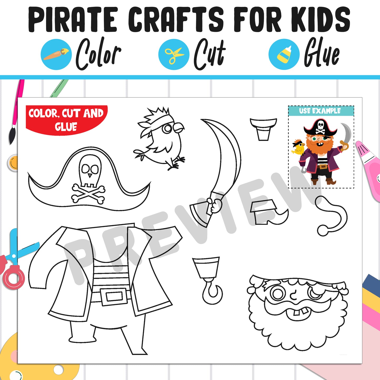 Pirate Crafts for Kids: Color, Cut, and Glue, a Fun Activity for K to 2nd Grade, PDF Instant Download