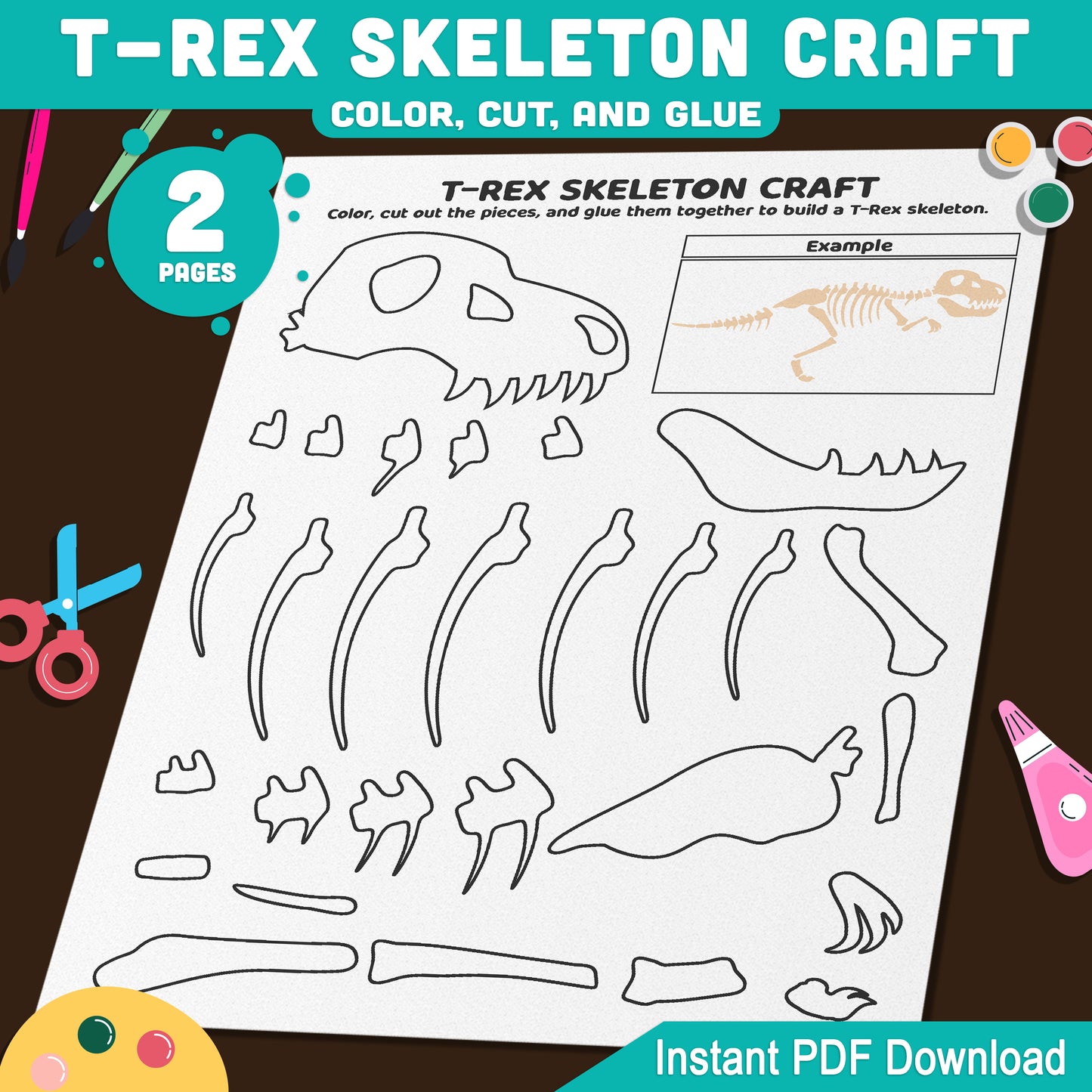 T-Rex (Tyrannosaurus Rex) Skeleton Craft, Dinosaur Color, Cut and Paste Activity, Printable PDF, Pre-Colored, Black and White, US Letter, A4