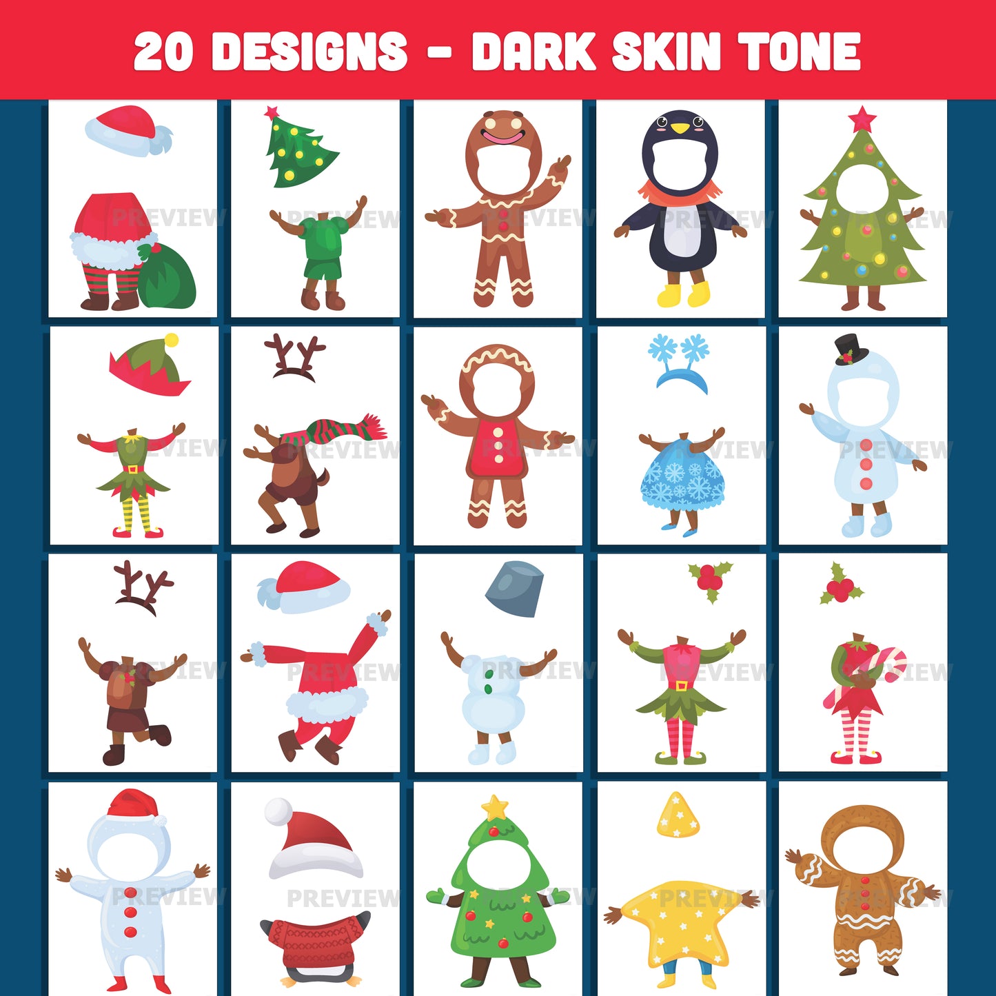 Kids Christmas Cutout Templates – Christmas Body Clipart Templates, 20 unique designs Light + Dark Skin Tone, PDF + PNG for School Arts, Home Crafts & Holiday Displays