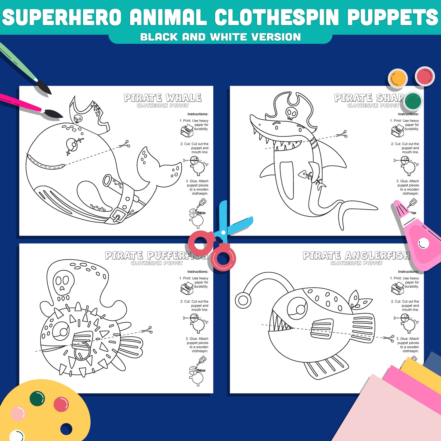 Pirate Sea Animal Clothespin Puppets, Printable Ocean Puppet Craft, Whale, Shark, Pufferfish & Anglerfish Activity