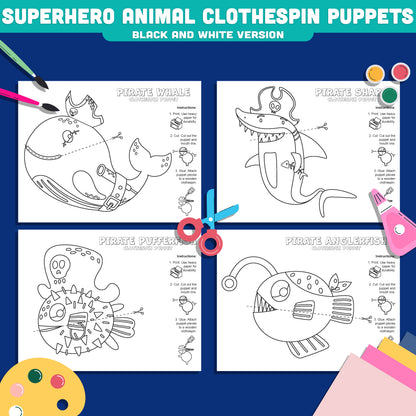 Pirate Sea Animal Clothespin Puppets, Printable Ocean Puppet Craft, Whale, Shark, Pufferfish & Anglerfish Activity