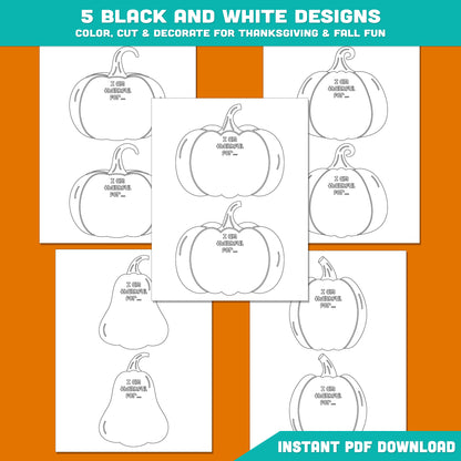 Printable Thankful Pumpkin Crafts – 5 Cute Designs (Pre-Colored + Black & White), Thanksgiving Gratitude and Fall Coloring Activity for Kids, PDF Instant Download