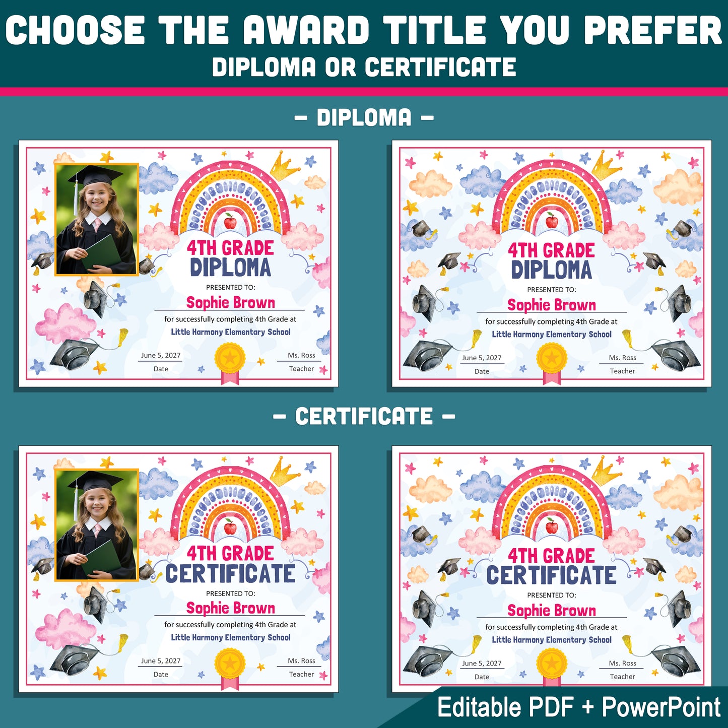 4th Grade Completion Certificate, Fourth Grade Graduation End of School Year Awards, Editable Rainbow Stars, Photo and No Photo, PDF and PowerPoint