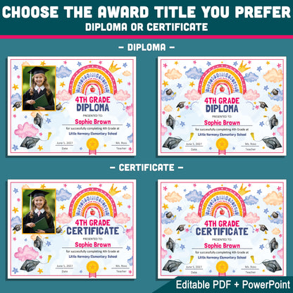 4th Grade Completion Certificate, Fourth Grade Graduation End of School Year Awards, Editable Rainbow Stars, Photo and No Photo, PDF and PowerPoint