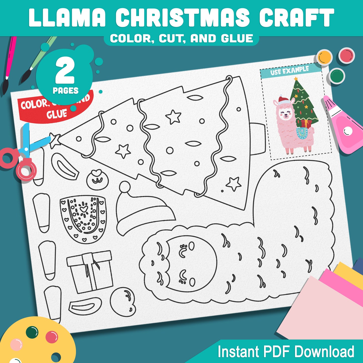 Llama Holiday Craft Activity: Color, Cut, and Glue for PreK to 2nd Grade Kids, Creative Christmas Gift for Loved Ones, PDF Download