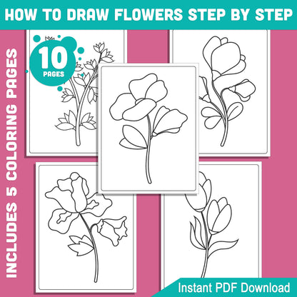 How to Draw Flowers: 5 Simple Tutorials + 5 Coloring Pages, Art Activity Featuring Iris, Tulip, Sweet Pea, Aconitum, Nasturtium, PDF Download